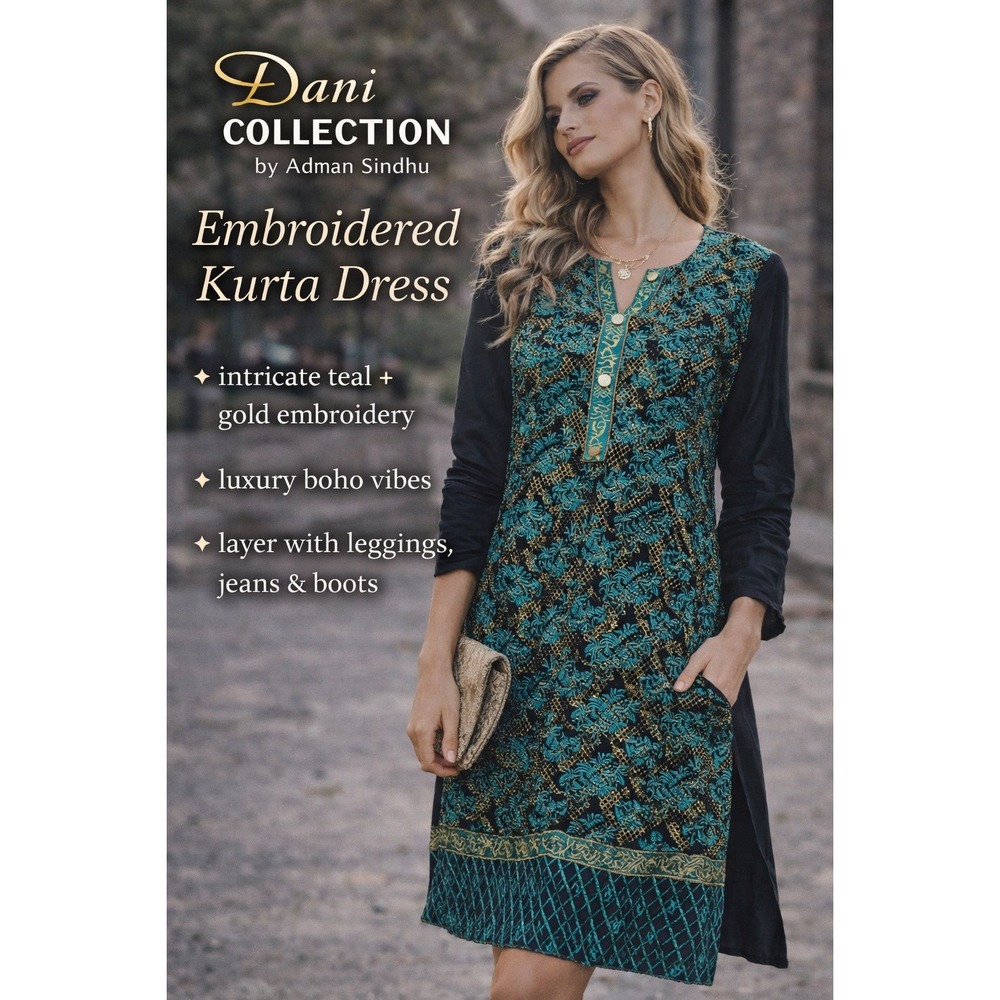 Dani Collection Embroidered‎ Kurta Tunic Dress Teal Gold Boho Medium